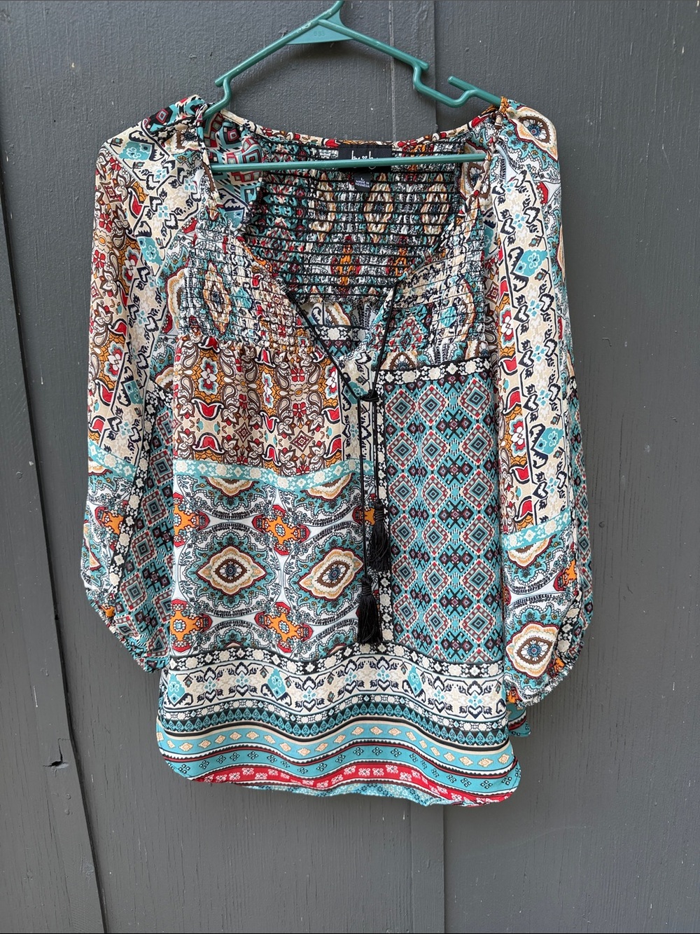 by & by Teal Multicolor Boho Patchwork Tunic with Tassel Tie